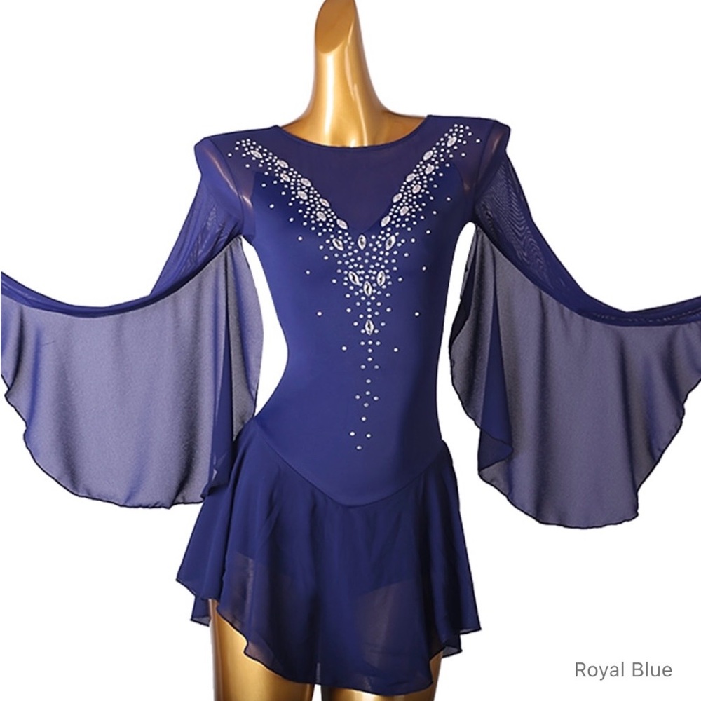 Elegant Blue Figure Skating Dress with Rhinestones